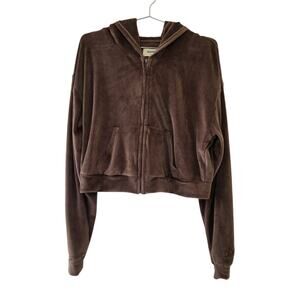 SACRE Brown Velour Zip Hoodie Jacket Womens Size Large Long Sleeve